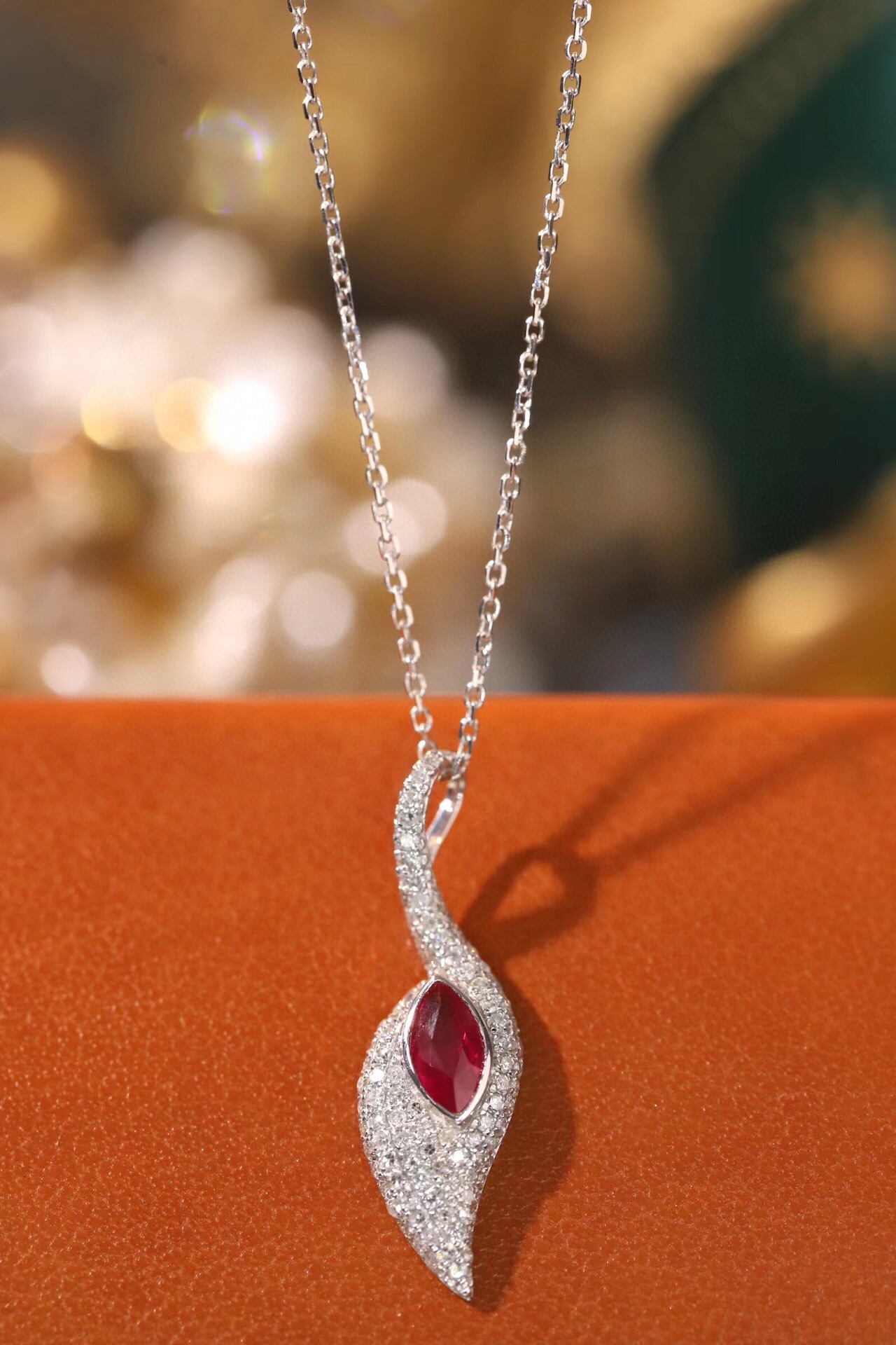 Leaves 18K Gold Marquise-Cut Ruby Pendant Necklace (0.32ct) with Natural Diamond Accents (0.30ct)