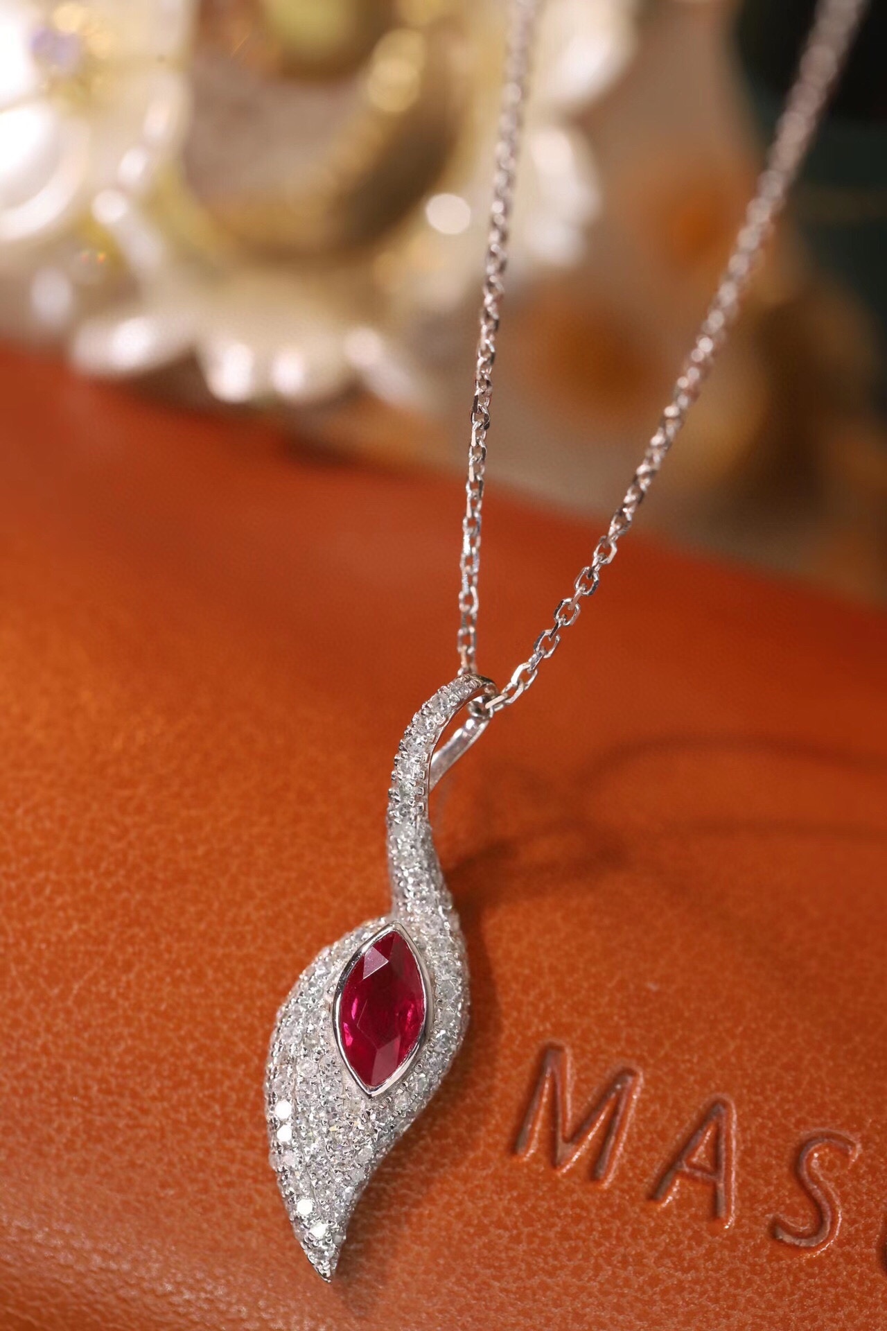 Leaves 18K Gold Marquise-Cut Ruby Pendant Necklace (0.32ct) with Natural Diamond Accents (0.30ct)