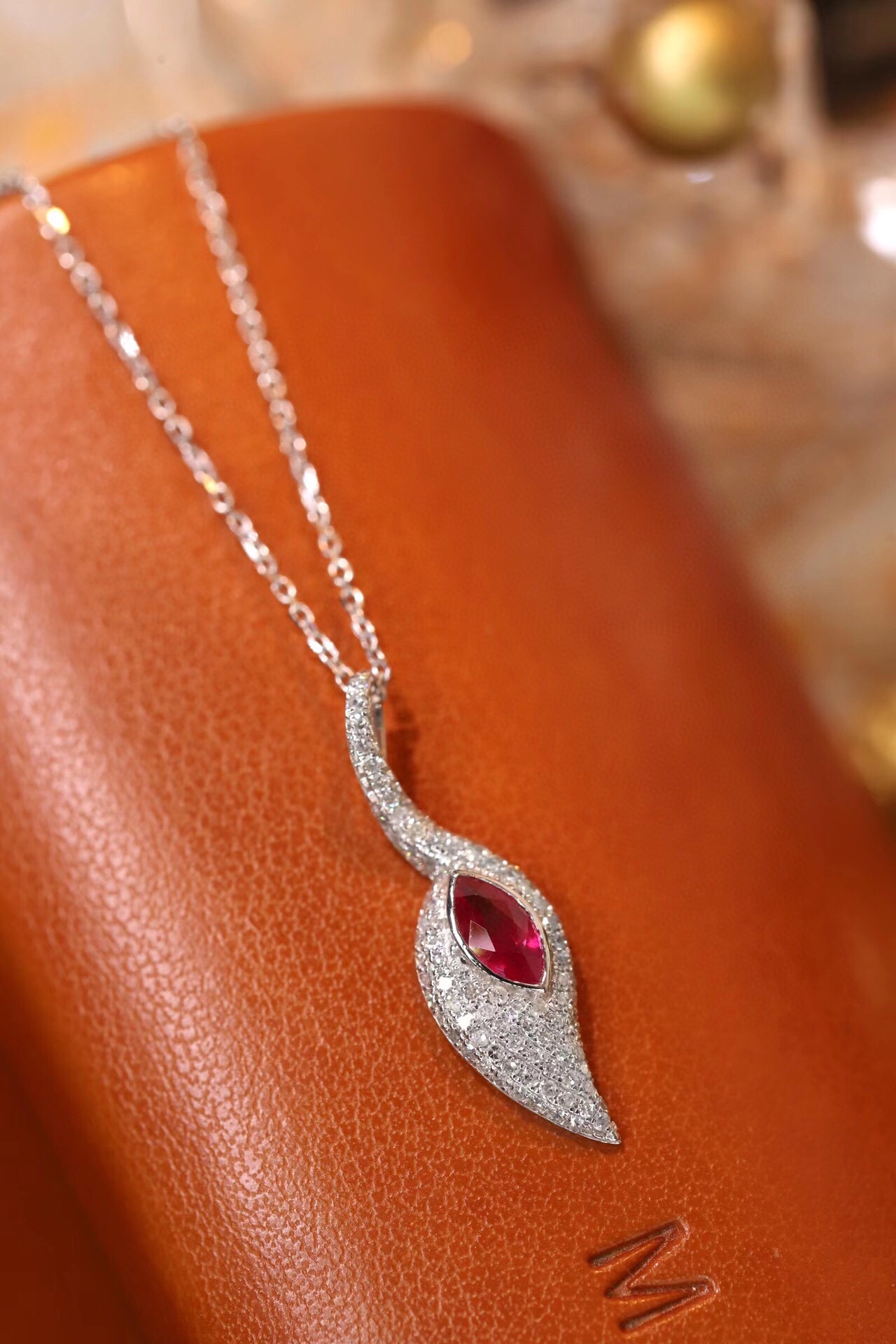 Leaves 18K Gold Marquise-Cut Ruby Pendant Necklace (0.32ct) with Natural Diamond Accents (0.30ct)