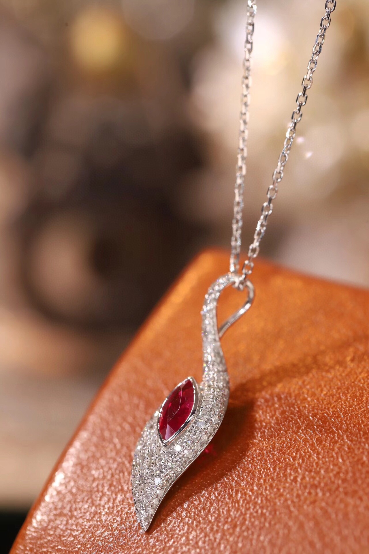 Leaves 18K Gold Marquise-Cut Ruby Pendant Necklace (0.32ct) with Natural Diamond Accents (0.30ct)