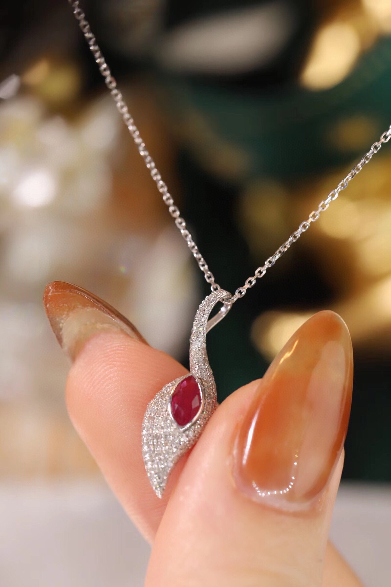 Leaves 18K Gold Marquise-Cut Ruby Pendant Necklace (0.32ct) with Natural Diamond Accents (0.30ct)