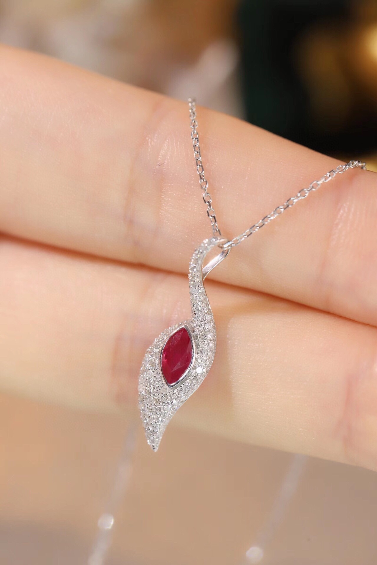 Leaves 18K Gold Marquise-Cut Ruby Pendant Necklace (0.32ct) with Natural Diamond Accents (0.30ct)