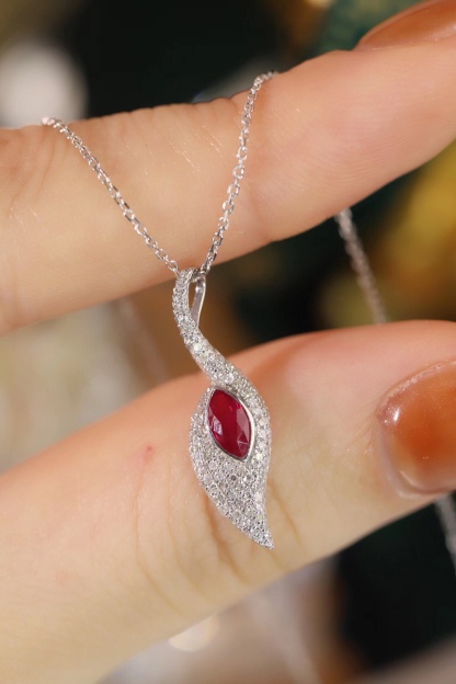 Leaves 18K Gold Marquise-Cut Ruby Pendant Necklace (0.32ct) with Natural Diamond Accents (0.30ct)