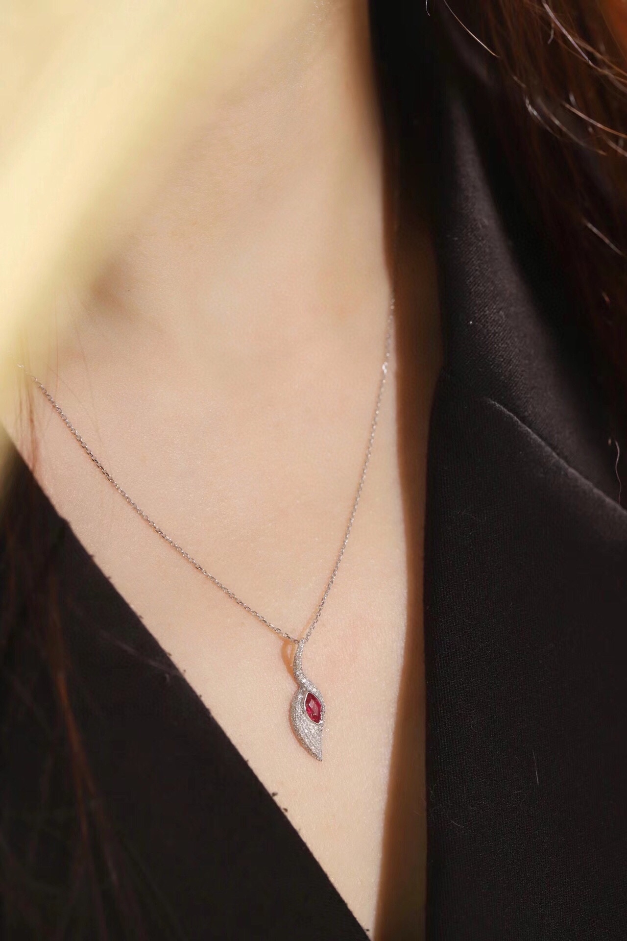 Leaves 18K Gold Marquise-Cut Ruby Pendant Necklace (0.32ct) with Natural Diamond Accents (0.30ct)