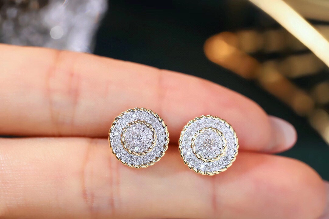 18K Gold Natural Diamond Stud Earrings | Cluster-Set 0.56CT Diamonds