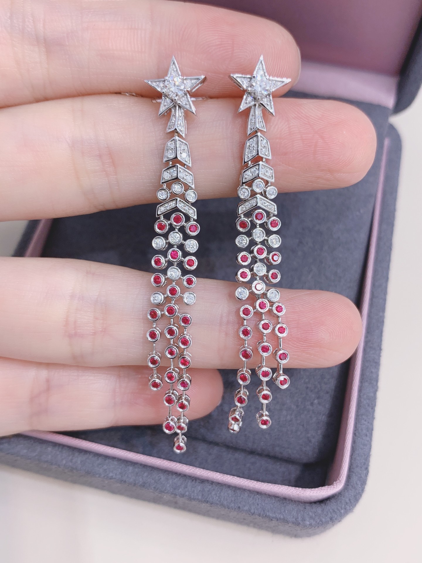 pentagram 18K Gold Natural Diamond Stud Earrings | Cluster-Set 1.30CT Diamonds ruby