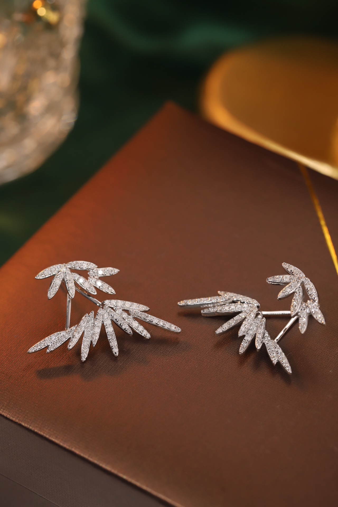 Two-piece style leaves 18k Gold Earrings, Studded with 1.00ct Natural Diamond 