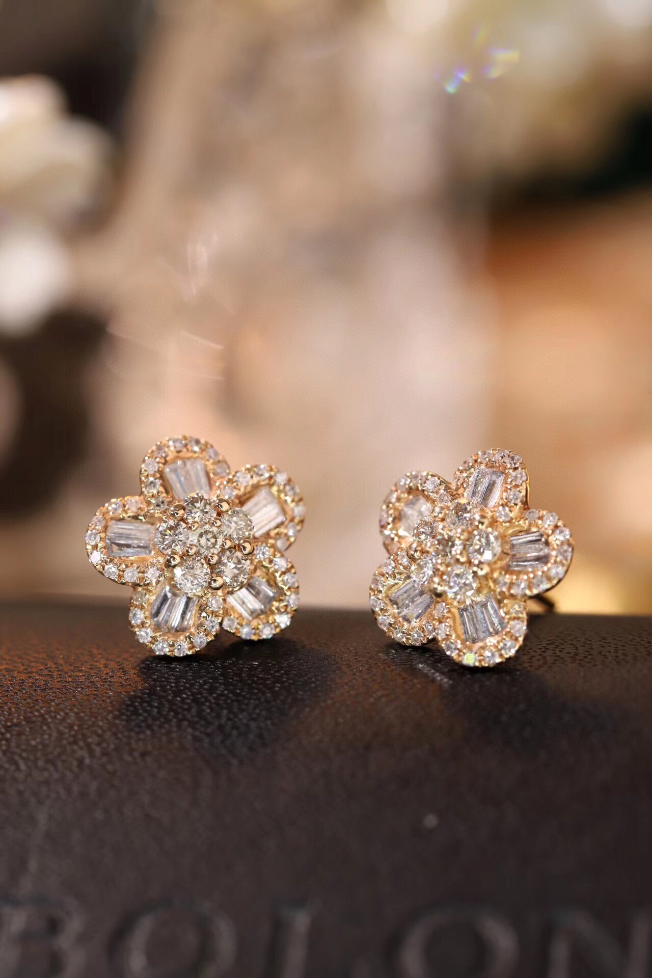Flowers 18k Gold Earrings, Studded with 0.79ct Natural Diamond 