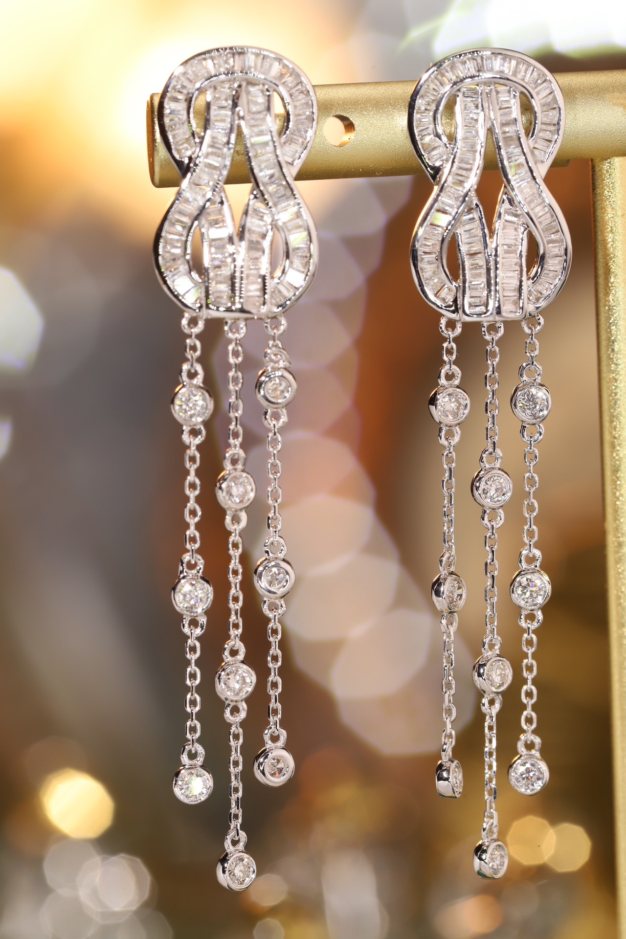 18k Gold Earrings with Fred Clasp and Tassels, Studded with 1.20ct Diamonds
