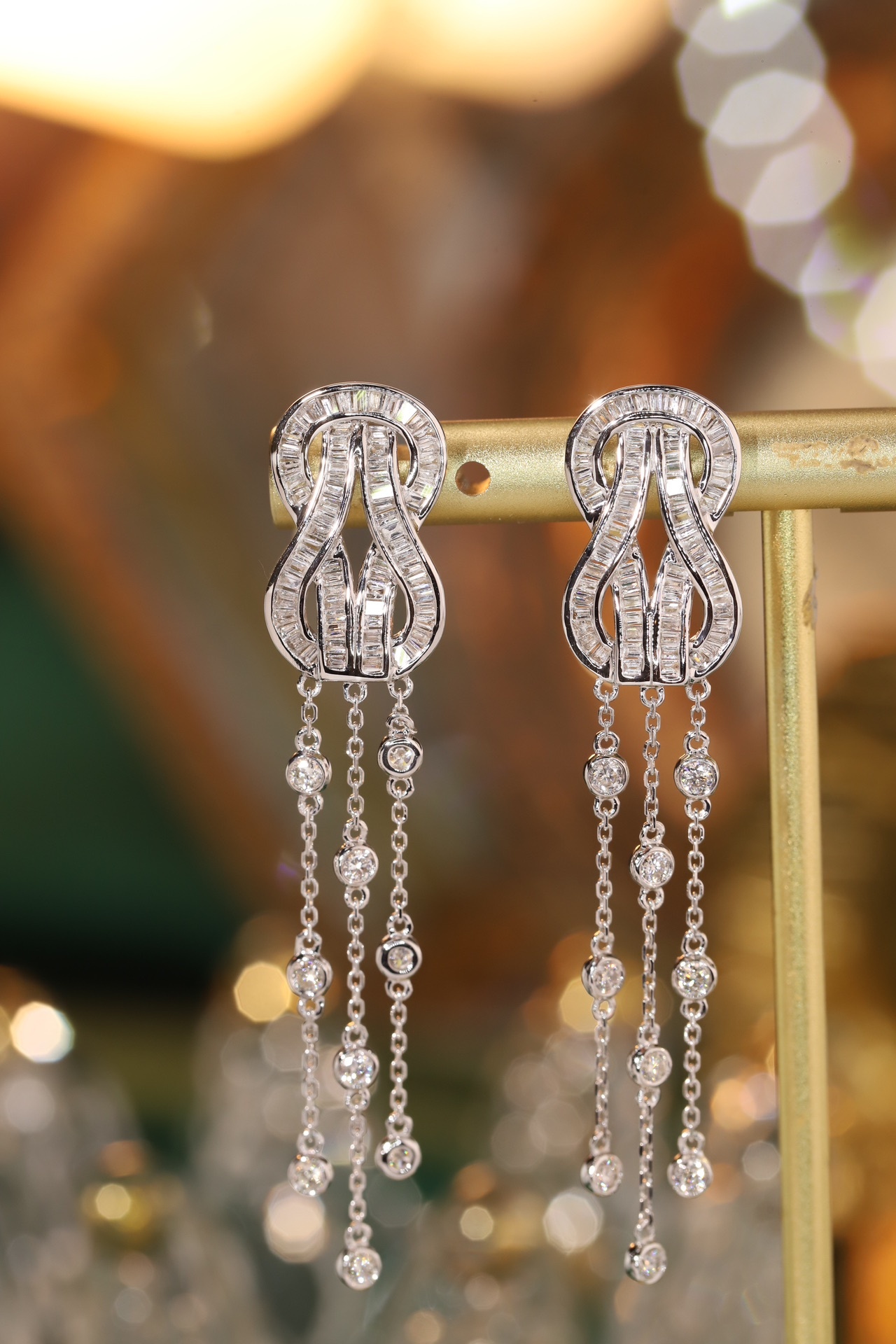 18k Gold Earrings with Fred Clasp and Tassels, Studded with 1.20ct Diamonds