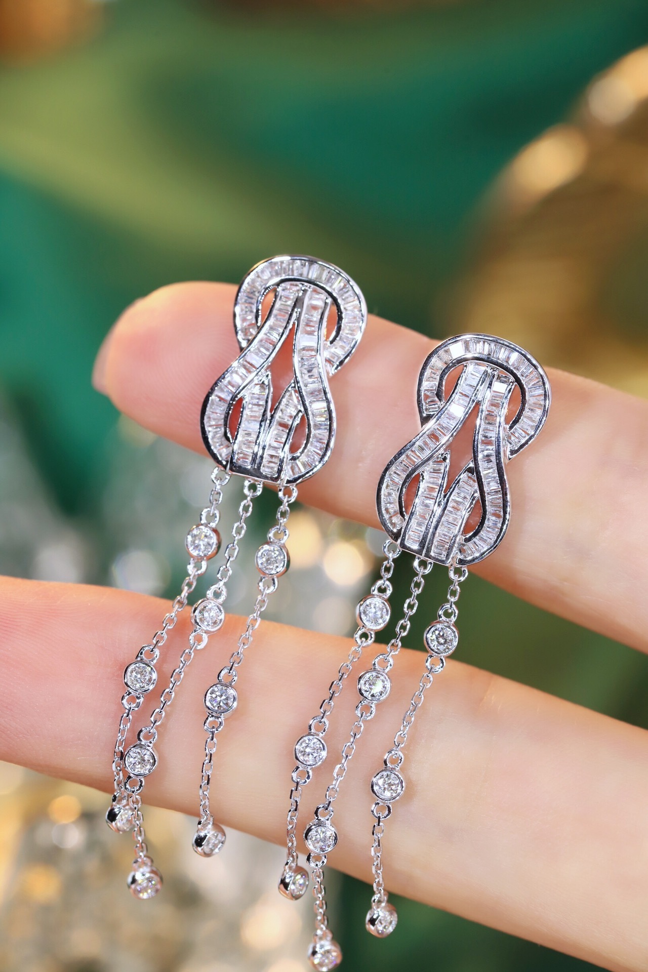 18k Gold Earrings with Fred Clasp and Tassels, Studded with 1.20ct Diamonds