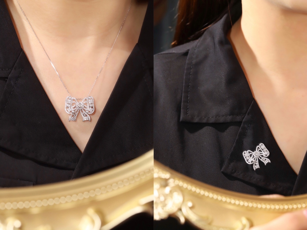 18K Gold Brooch and Pendant, Dual-Purpose Design, Bow-Shaped, Inlaid with 1.50ct Natural Diamond