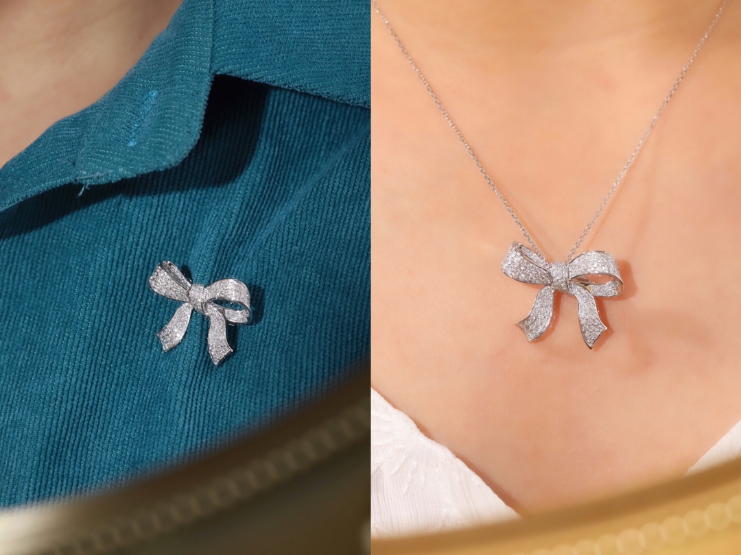 18K Gold Brooch and Pendant, Dual-Purpose Design, Bow-Shaped, Inlaid with 1.05ct Natural Diamond