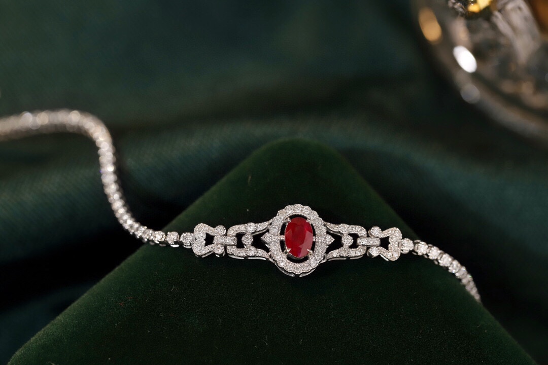 18k Gold Bracelet, Ruby Bracelet, Oval Ruby 1.10ct, Natural Diamond 0.52ct