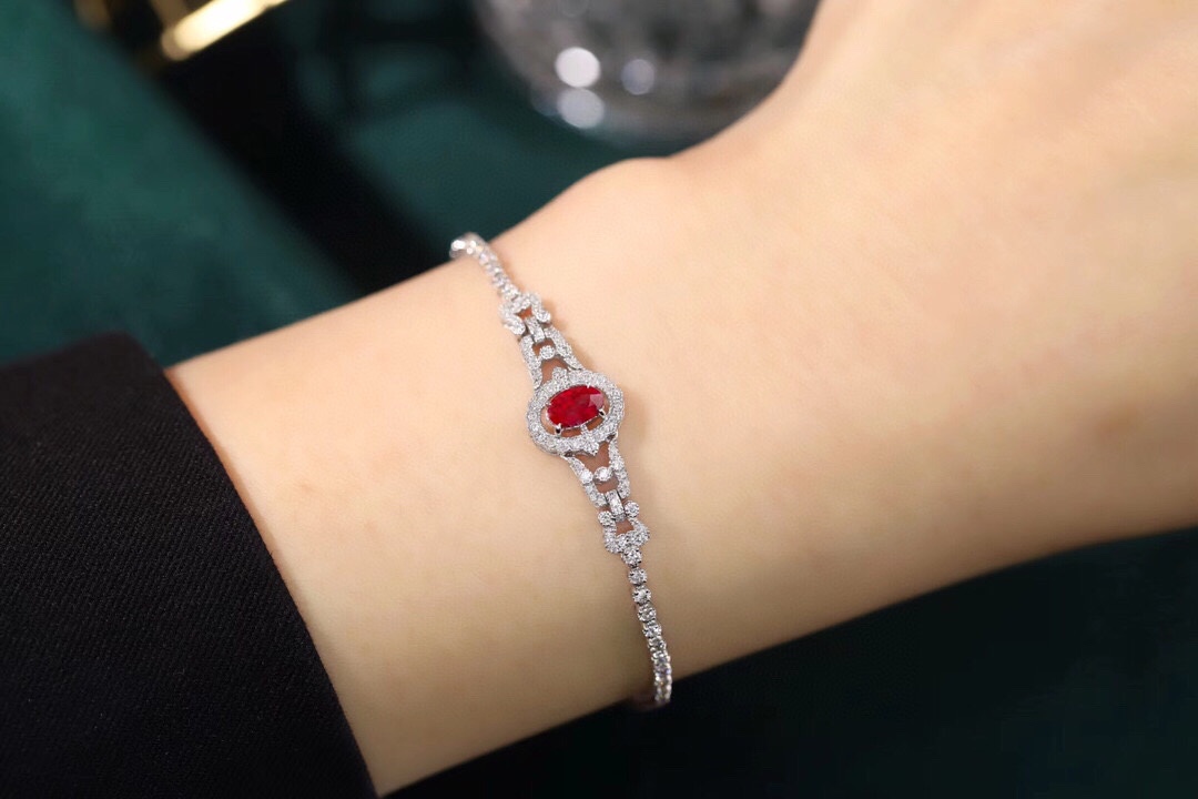18k Gold Bracelet, Ruby Bracelet, Oval Ruby 1.10ct, Natural Diamond 0.52ct