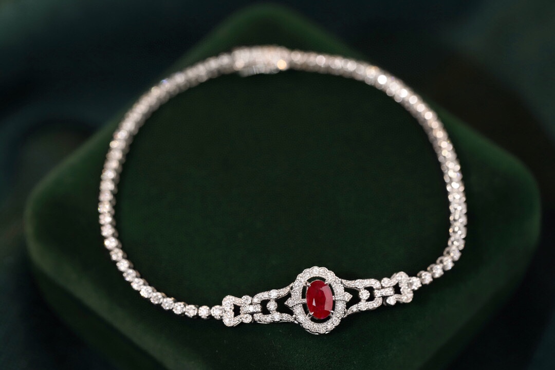18k Gold Bracelet, Ruby Bracelet, Oval Ruby 1.10ct, Natural Diamond 0.52ct