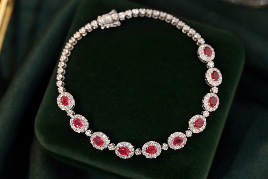 18k Gold Bracelet, Ruby Bracelet, Oval Ruby 2.15ct, Natural Diamond 1.50ct