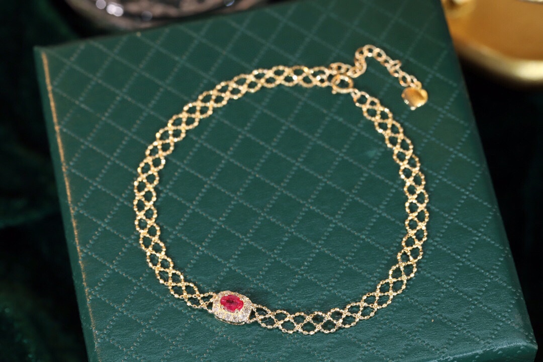 18k Gold Bracelet, Ruby Bracelet, Oval Ruby 0.30ct, Natural Diamond 0.15ct