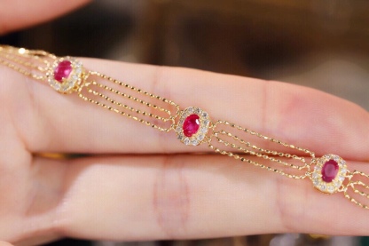 18k Gold Bracelet, Ruby Bracelet, Oval Ruby 1.50ct, Natural Diamond 0.65ct