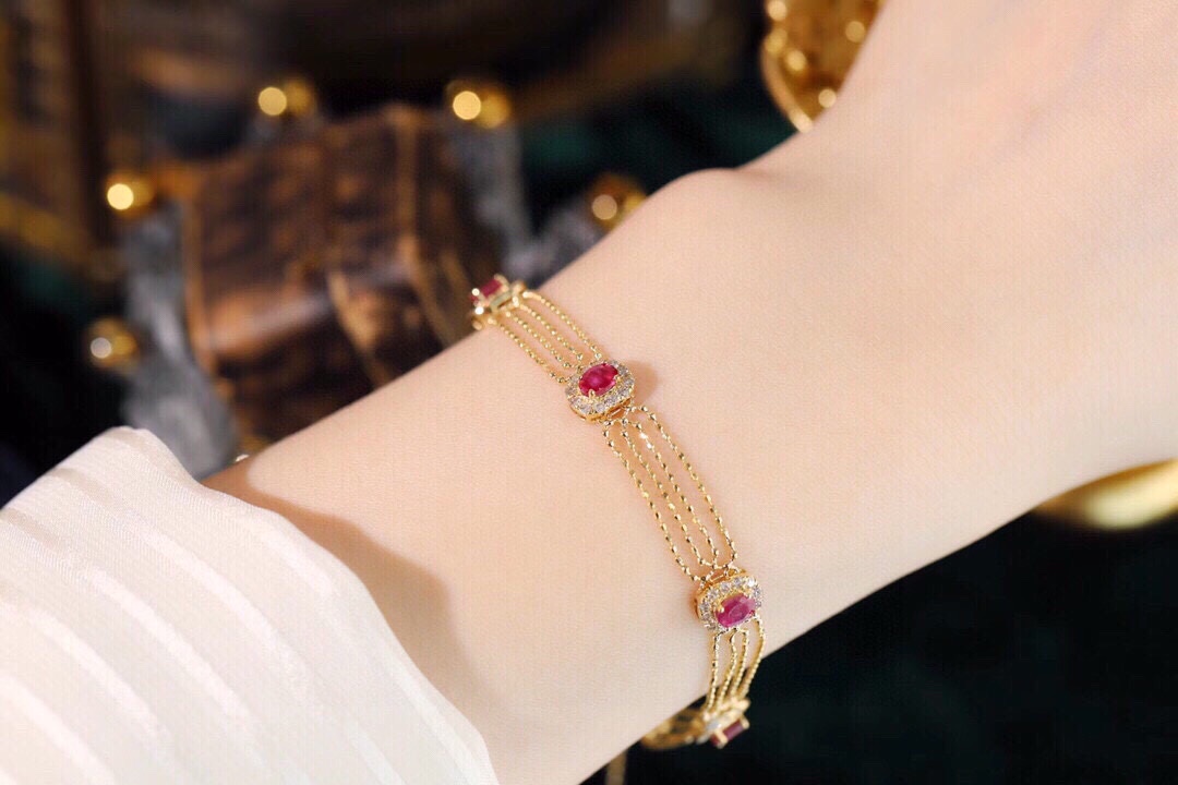 18k Gold Bracelet, Ruby Bracelet, Oval Ruby 1.50ct, Natural Diamond 0.65ct