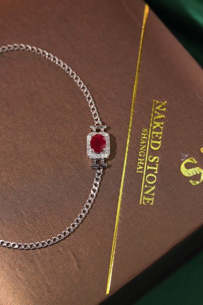 18k Gold Bracelet, Ruby Bracelet, Oval Ruby 0.65ct, Natural Diamond 0.10ct