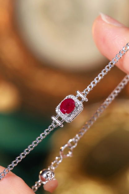18k Gold Bracelet, Ruby Bracelet, Oval Ruby 0.65ct, Natural Diamond 0.10ct