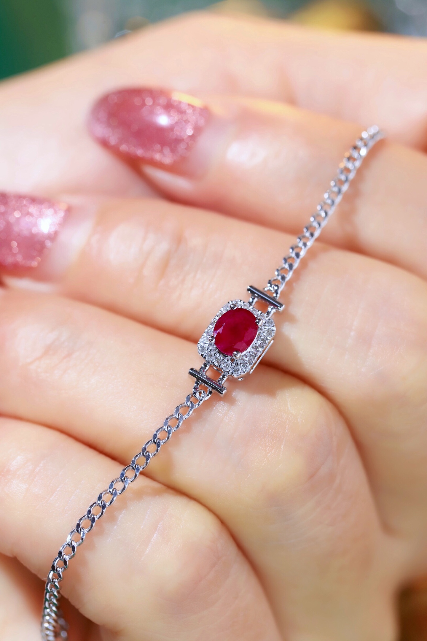 18k Gold Bracelet, Ruby Bracelet, Oval Ruby 0.65ct, Natural Diamond 0.10ct