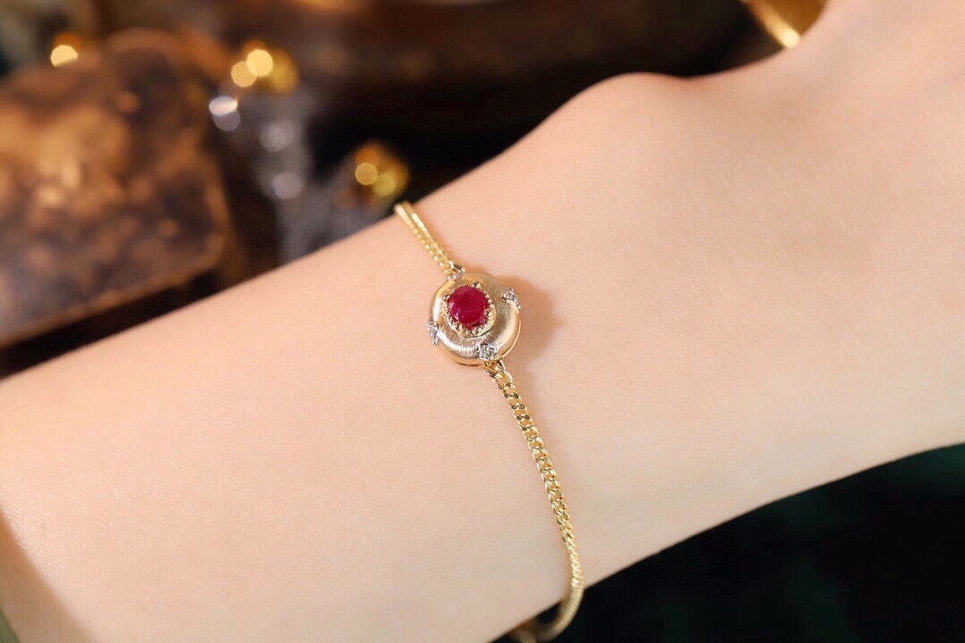 Satin finish 18k Gold Bracelet, Ruby Bracelet, Oval Ruby 0.50ct, Natural Diamond 0.03ct
