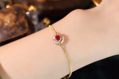 Satin finish 18k Gold Bracelet, Ruby Bracelet, Oval Ruby 0.50ct, Natural Diamond 0.03ct