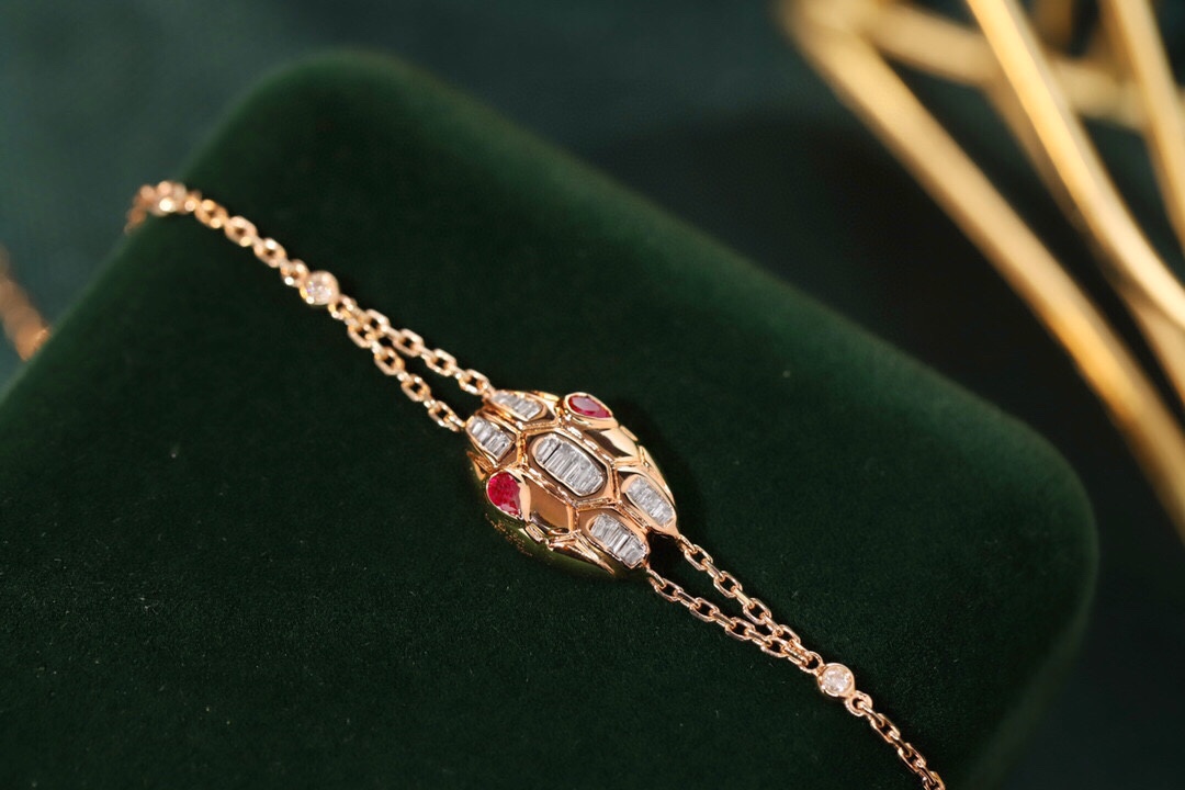 18k Gold Bracelet with Snake Design, Ruby Bracelet featuring a 0.16ct Drop Ruby and a 0.32ct Natural Diamond