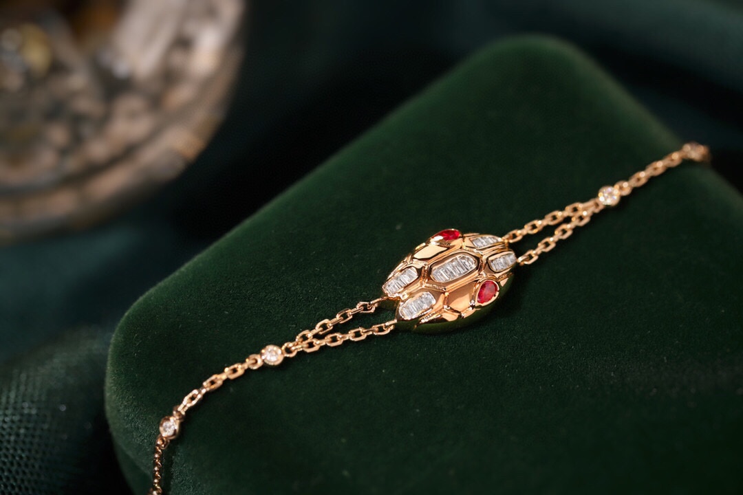 18k Gold Bracelet with Snake Design, Ruby Bracelet featuring a 0.16ct Drop Ruby and a 0.32ct Natural Diamond