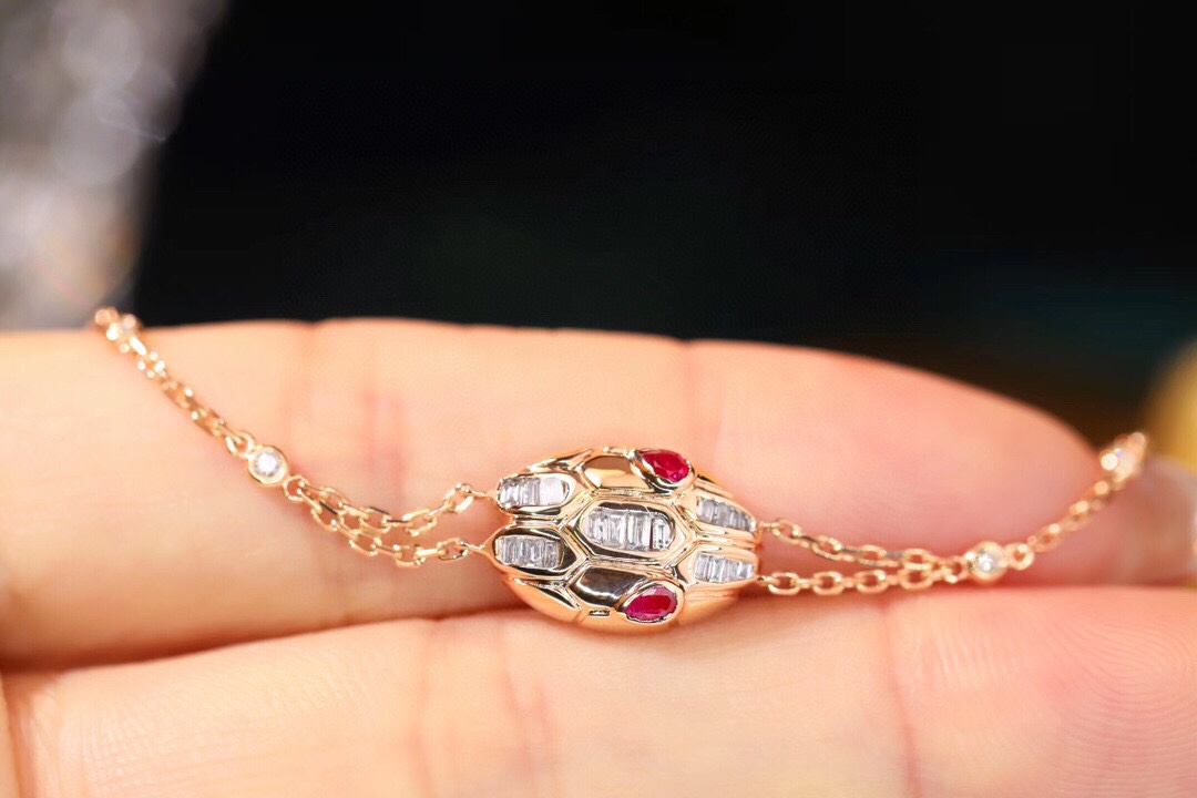 18k Gold Bracelet with Snake Design, Ruby Bracelet featuring a 0.16ct Drop Ruby and a 0.32ct Natural Diamond