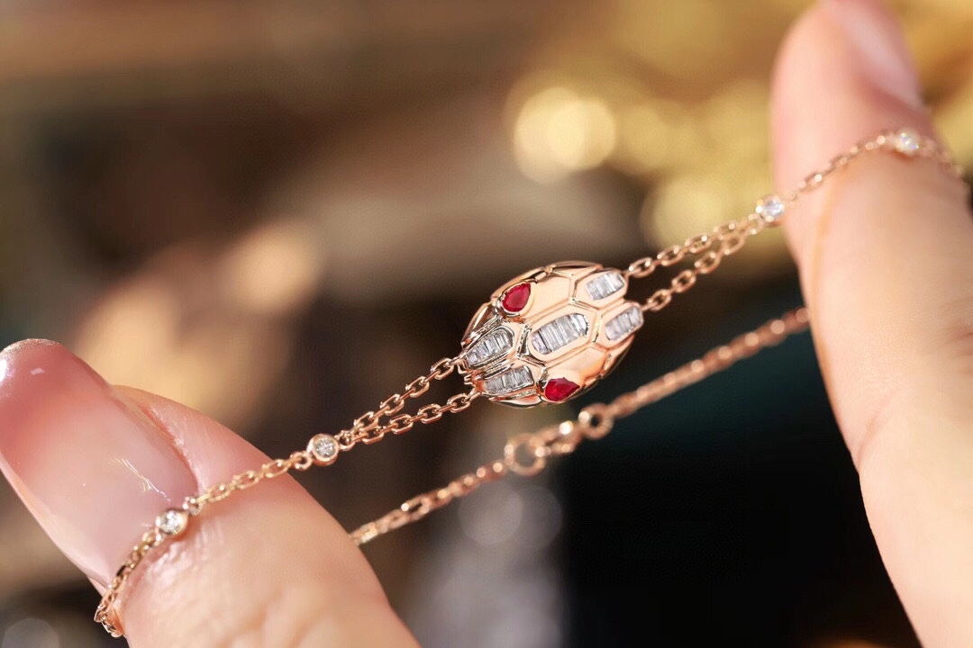 18k Gold Bracelet with Snake Design, Ruby Bracelet featuring a 0.16ct Drop Ruby and a 0.32ct Natural Diamond