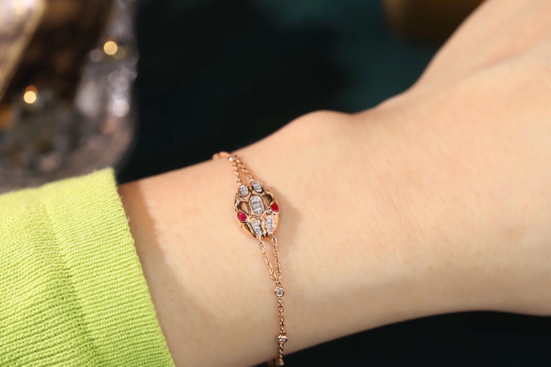 18k Gold Bracelet with Snake Design, Ruby Bracelet featuring a 0.16ct Drop Ruby and a 0.32ct Natural Diamond