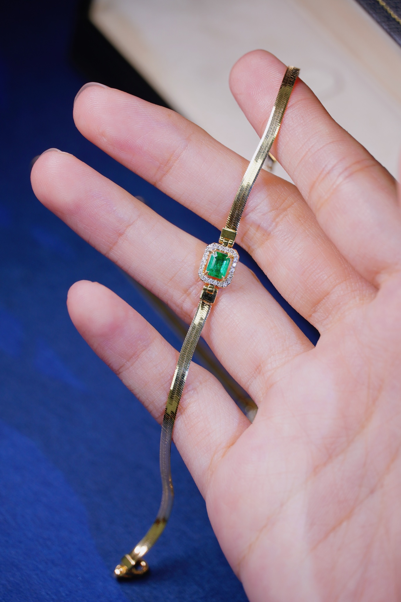 18k Gold Bracelet, Emerald Bracelet, Snake Chain Bracelet, 0.30ct Emerald, 0.10ct Natural Diamond