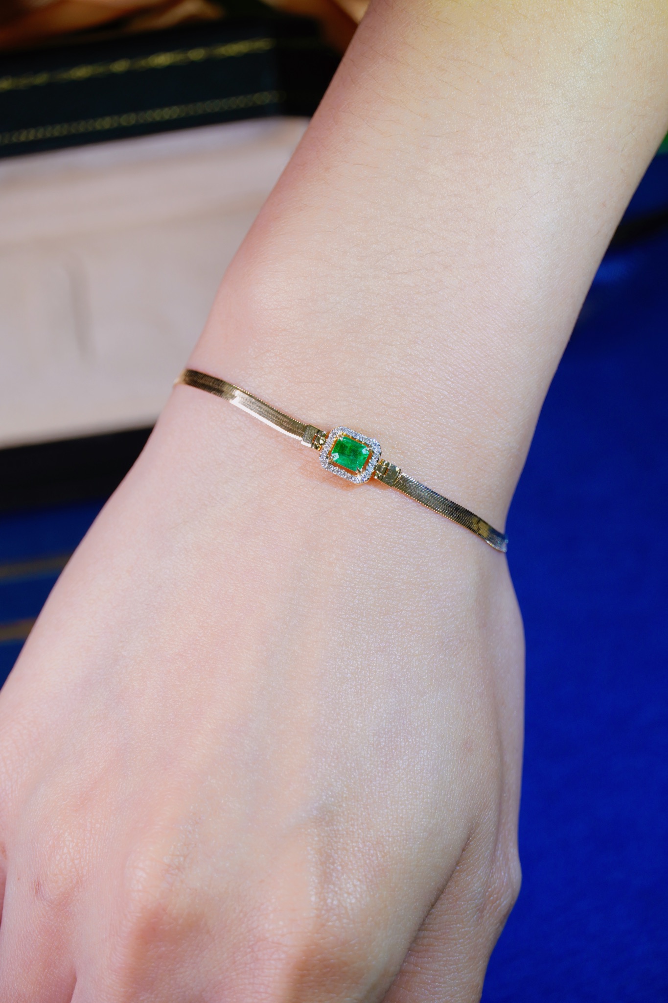 18k Gold Bracelet, Emerald Bracelet, Snake Chain Bracelet, 0.30ct Emerald, 0.10ct Natural Diamond
