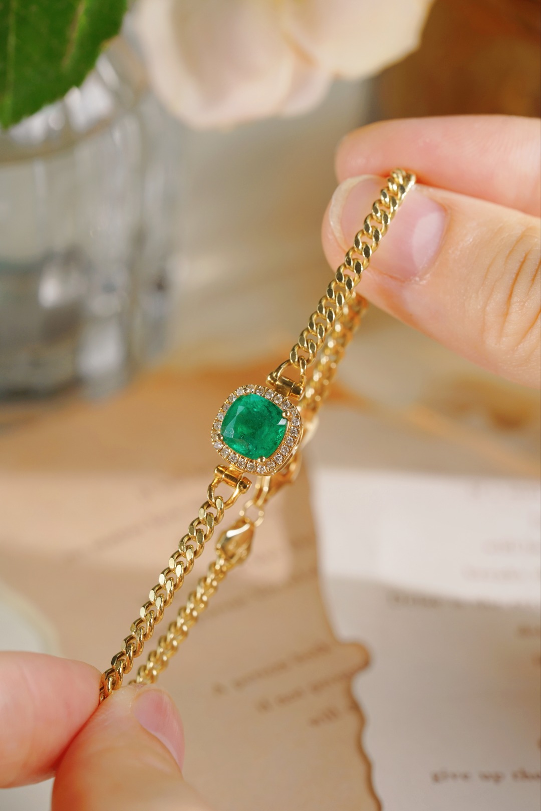 18k Gold Bracelet, Cuban Chain Bracelet, Emerald Bracelet with 1.50ct Emerald and 0.15ct Natural Diamond