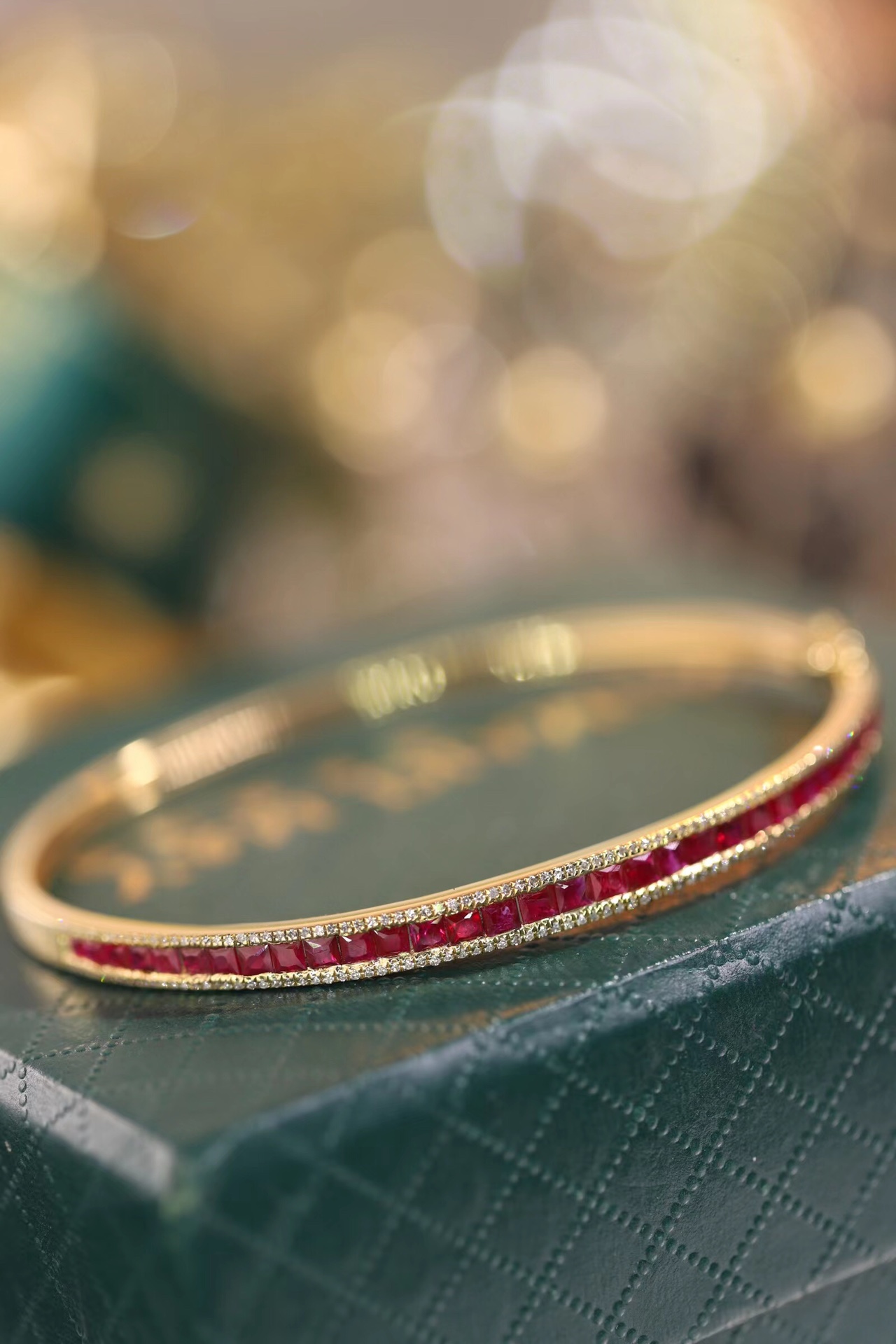 18k Gold Ruby Diamond Bracelet with Bezel Setting, Luxurious Circle of 2.96ct Blue Ruby