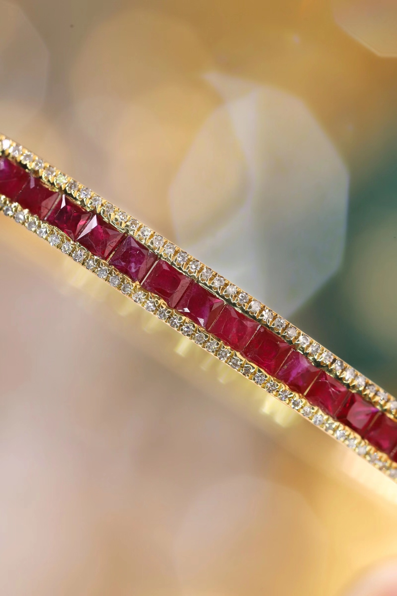 18k Gold Ruby Diamond Bracelet with Bezel Setting, Luxurious Circle of 2.96ct Blue Ruby