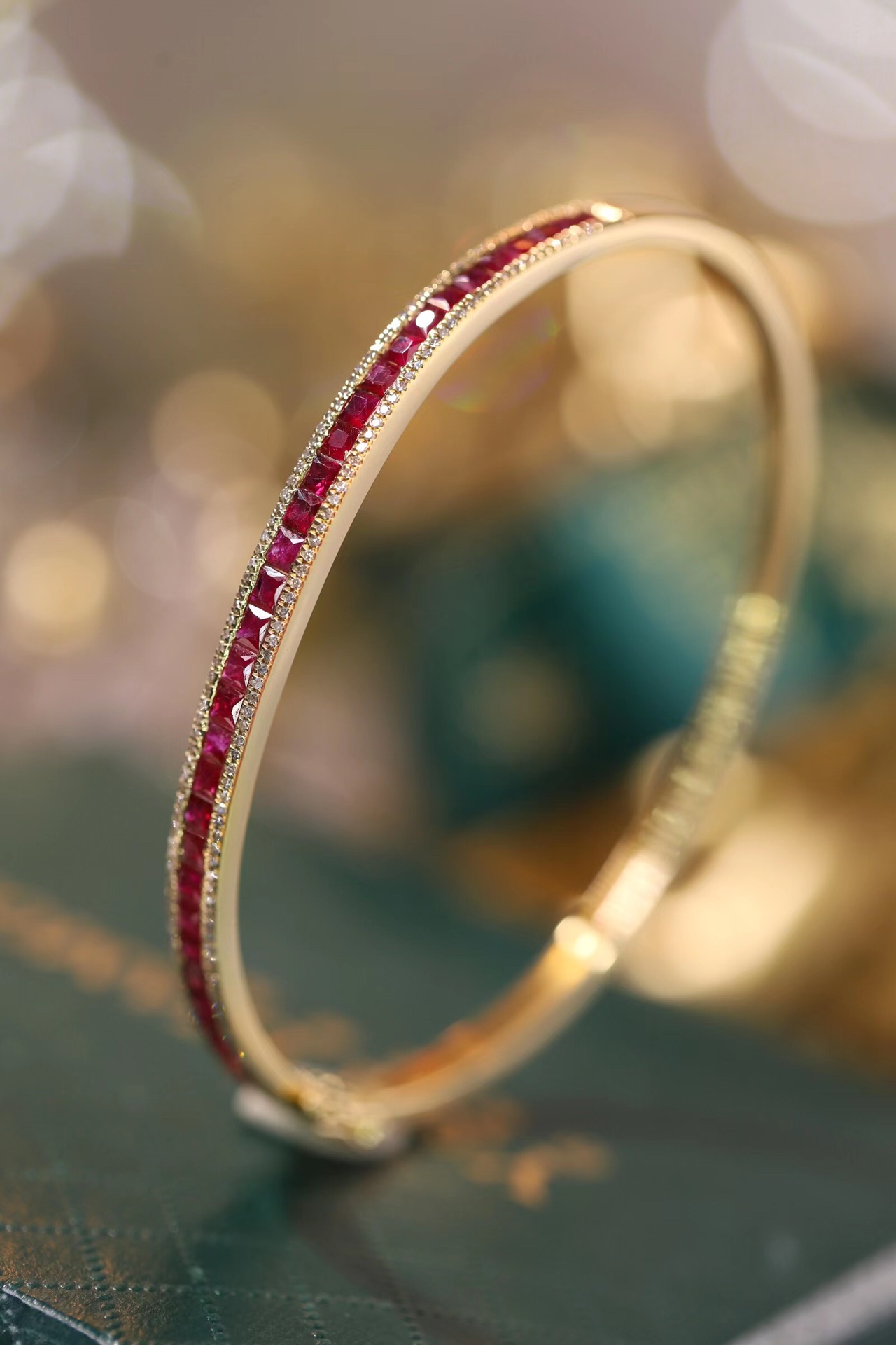 18k Gold Ruby Diamond Bracelet with Bezel Setting, Luxurious Circle of 2.96ct Blue Ruby