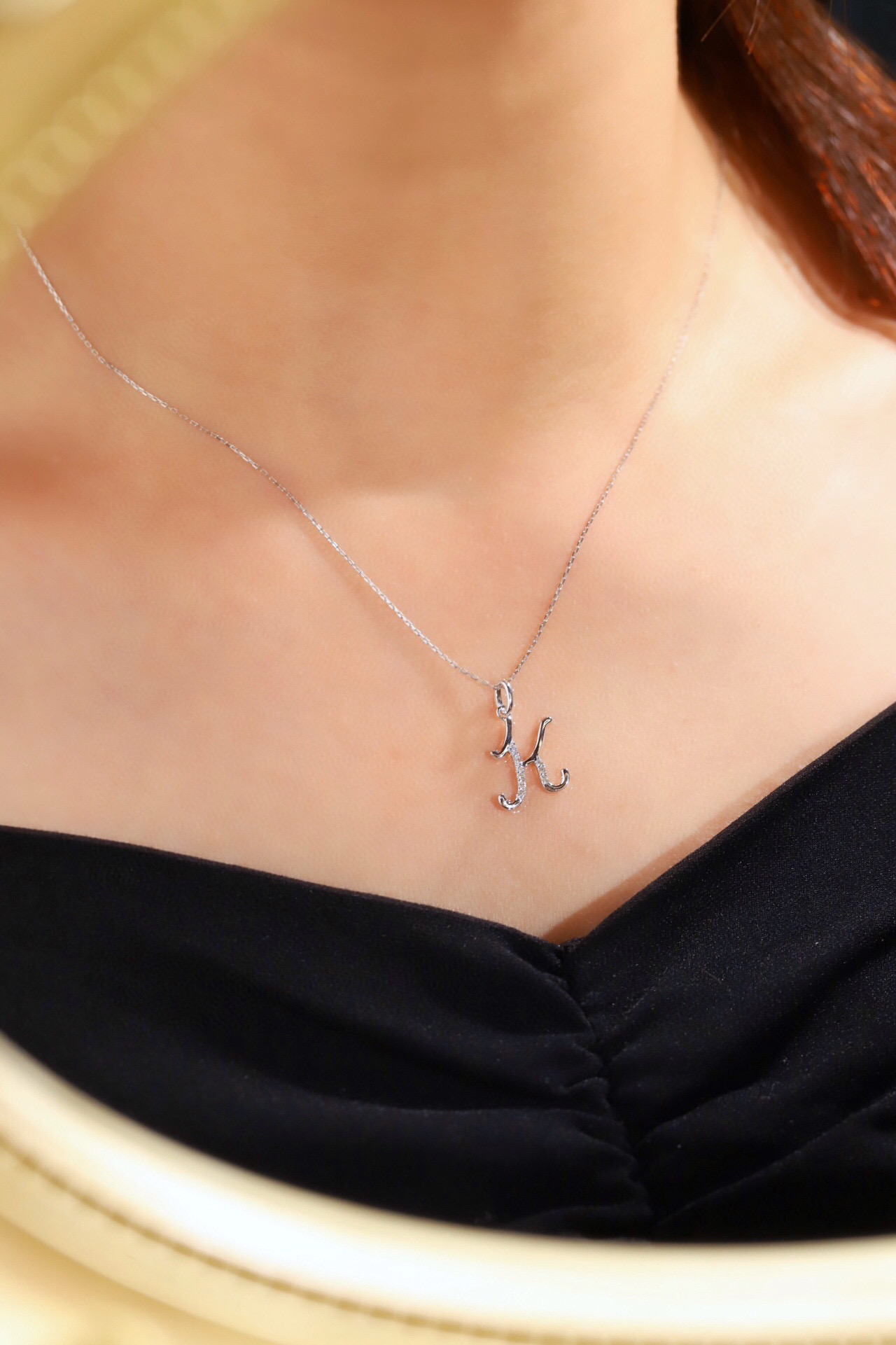 18k Gold Necklace with the Letter "K" Inlaid with 0.05ct Natural Diamond