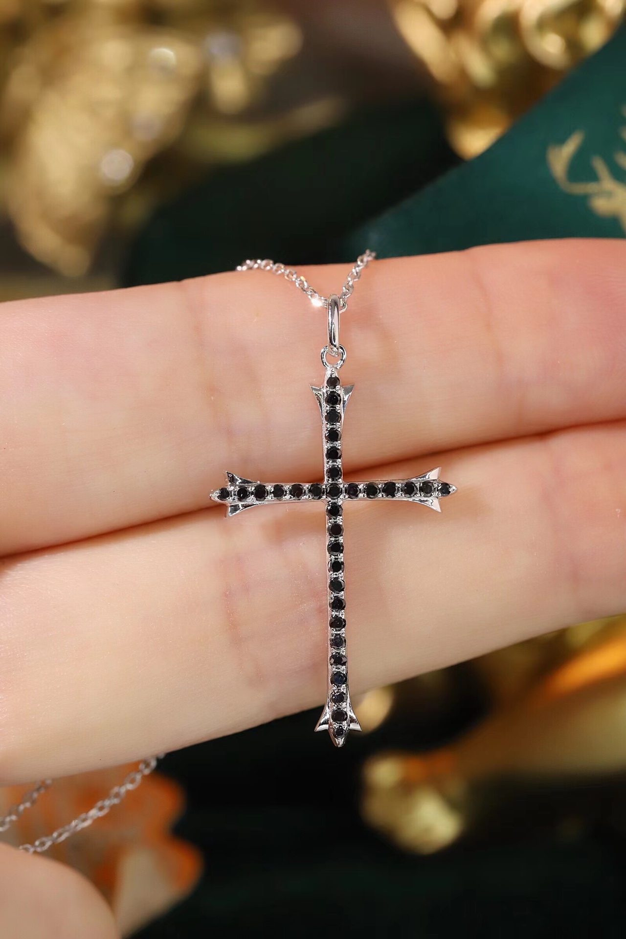 18k Gold Necklace with Cross Design, Black Diamond, 0.30ct