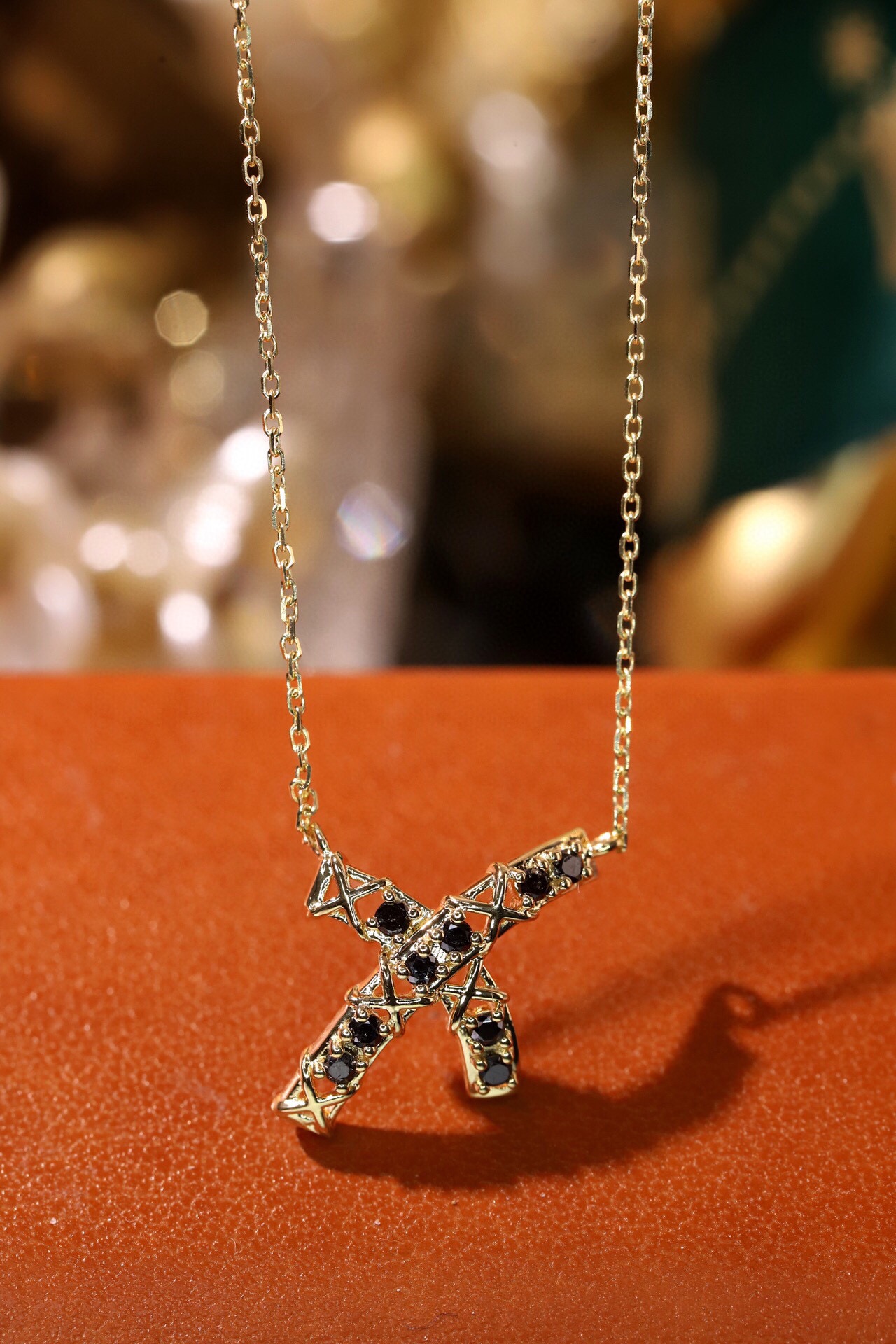 18k Gold Necklace “X” with 0.18ct Black Diamond