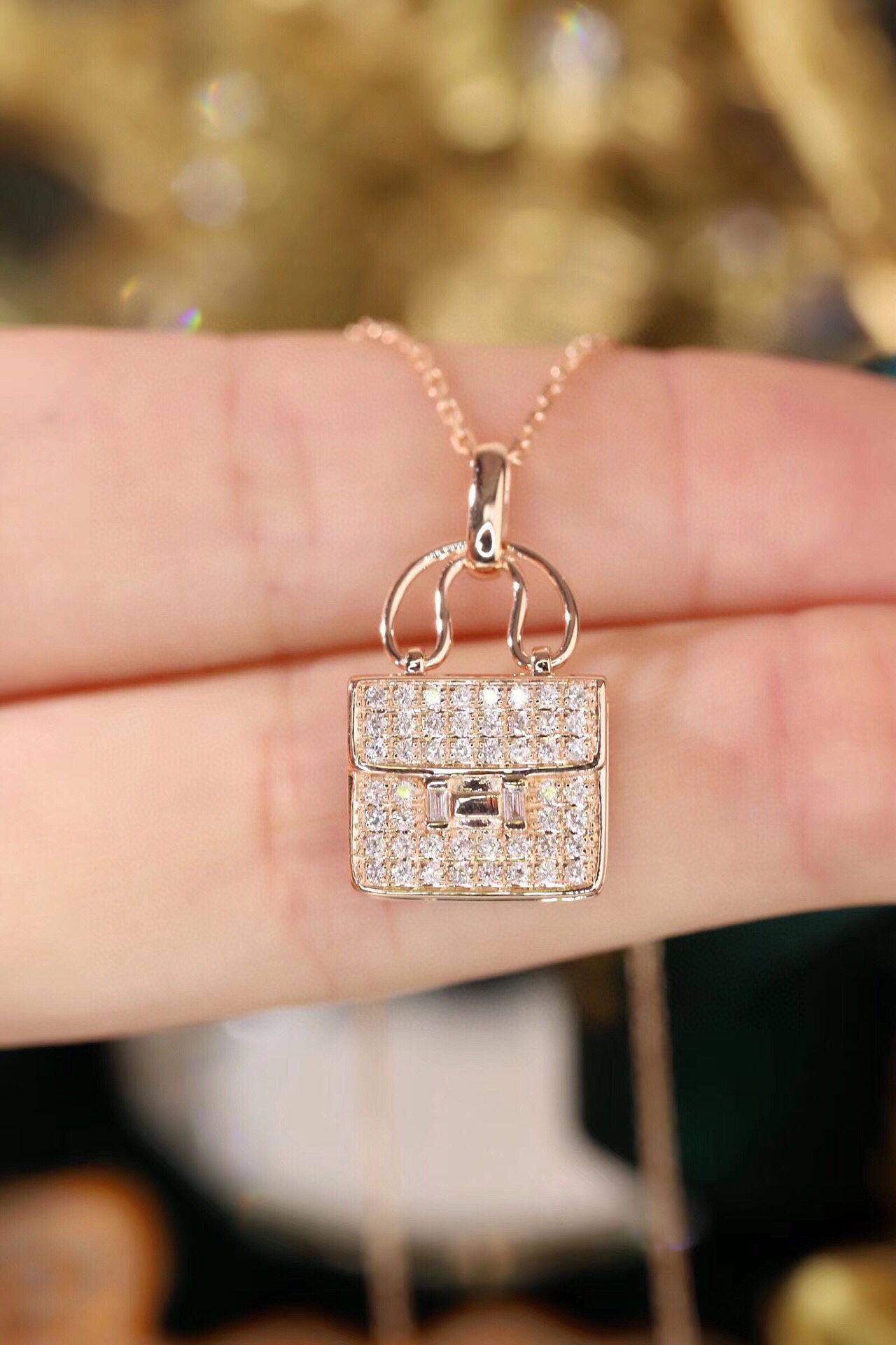 18k Gold Diamond Necklace with Handbag Design, Natural Diamond 0.35ct