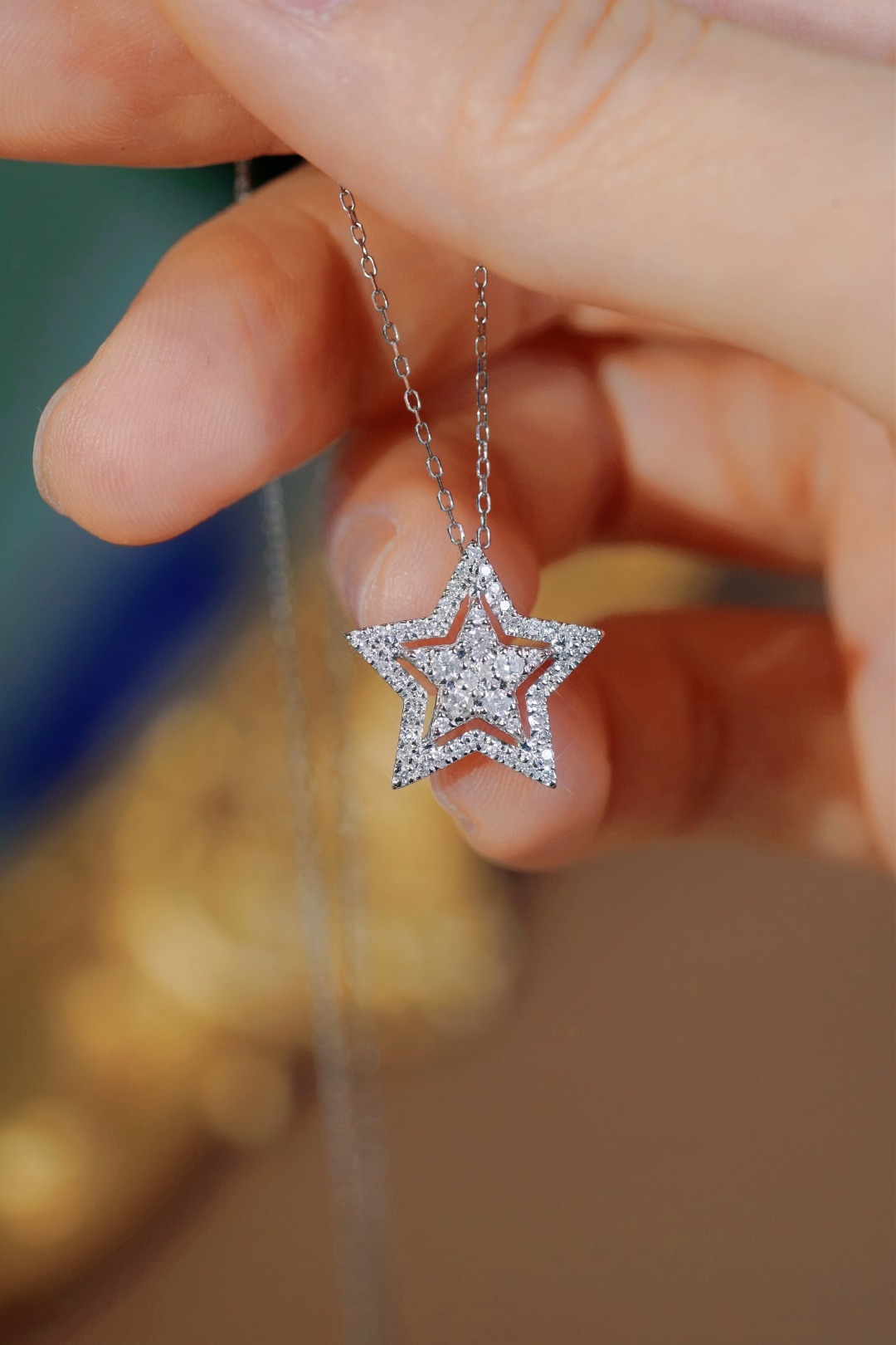 18k Gold Diamond Necklace with Star Design, Natural Diamond 0.40ct