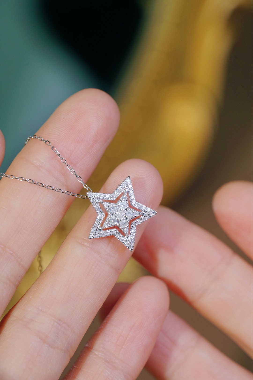 18k Gold Diamond Necklace with Star Design, Natural Diamond 0.40ct