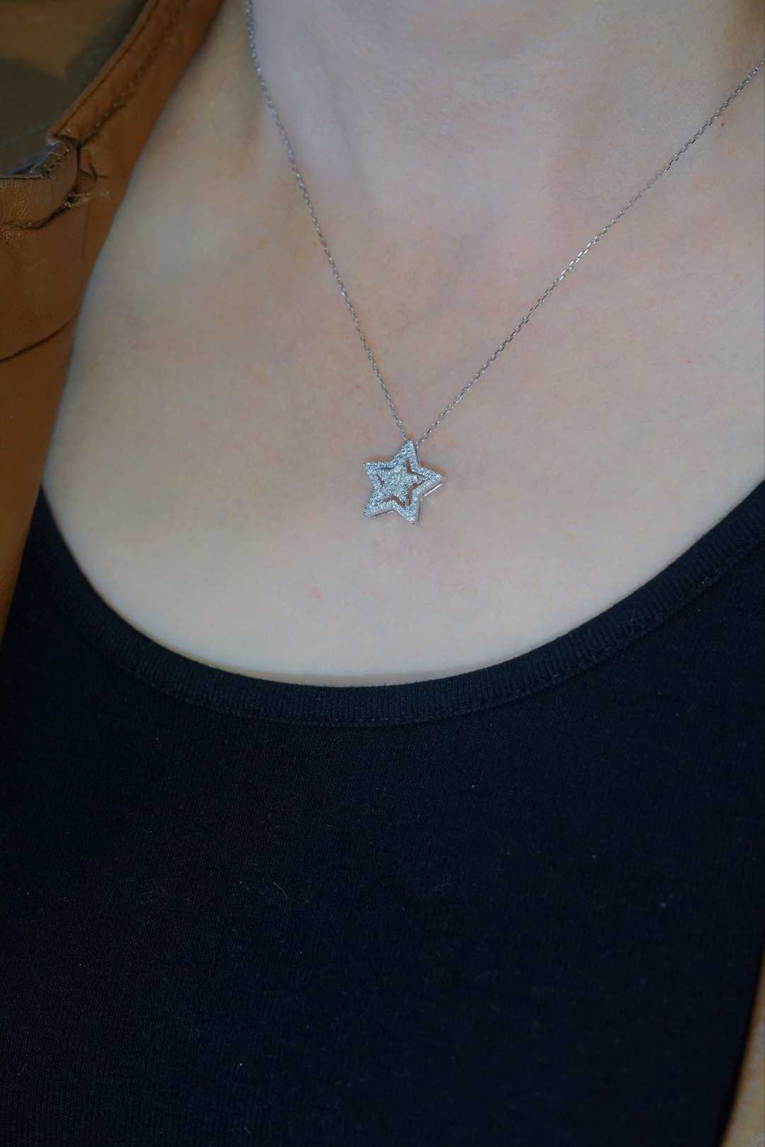 18k Gold Diamond Necklace with Star Design, Natural Diamond 0.40ct