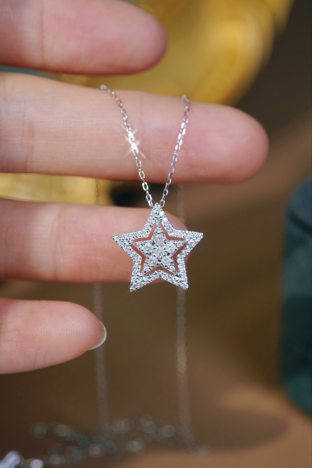 18k Gold Diamond Necklace with Star Design, Natural Diamond 0.40ct