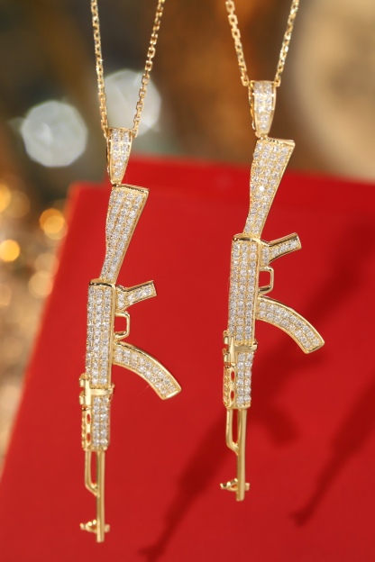 18k Gold Necklace, Hip-Hop Style, West Coast Design, “Golden AK47” Theme, with a 0.68ct Natural Diamond
