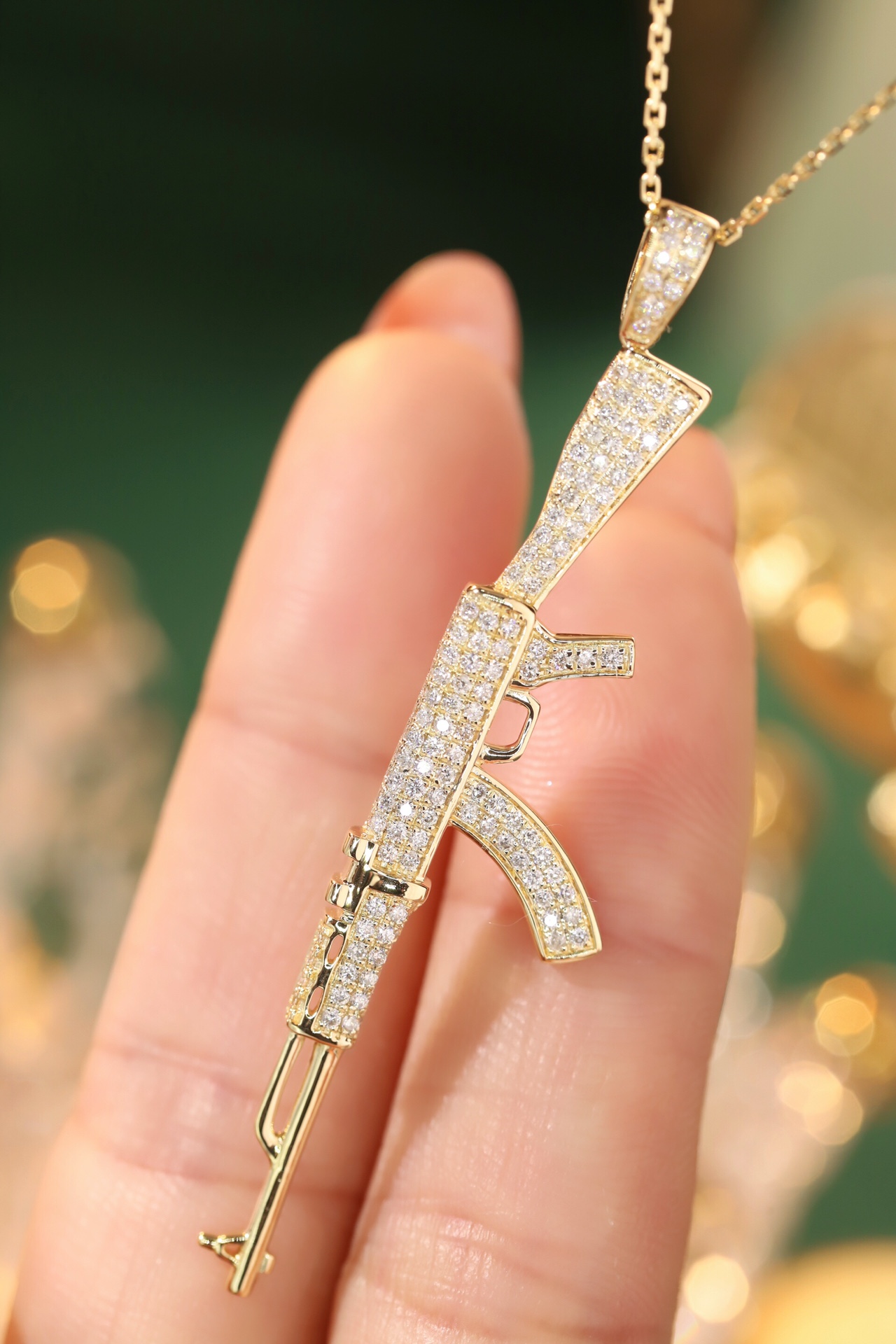 18k Gold Necklace, Hip-Hop Style, West Coast Design, “Golden AK47” Theme, with a 0.68ct Natural Diamond